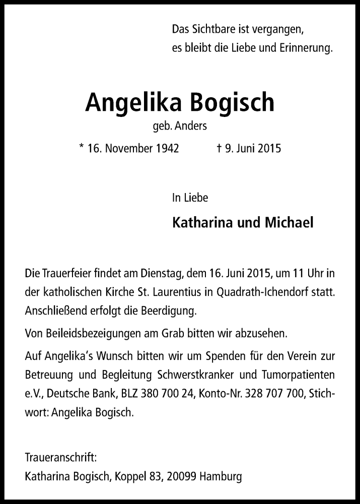  Traueranzeige für Angelika Bogisch vom 12.06.2015 aus Kölner Stadt-Anzeiger / Kölnische Rundschau / Express