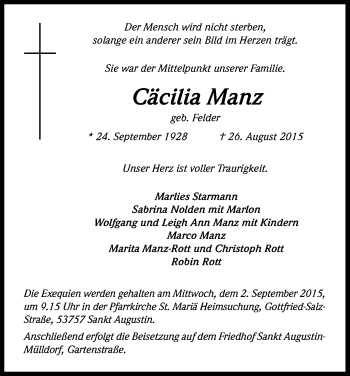 Anzeige von Cäcilia Manz von Kölner Stadt-Anzeiger / Kölnische Rundschau / Express