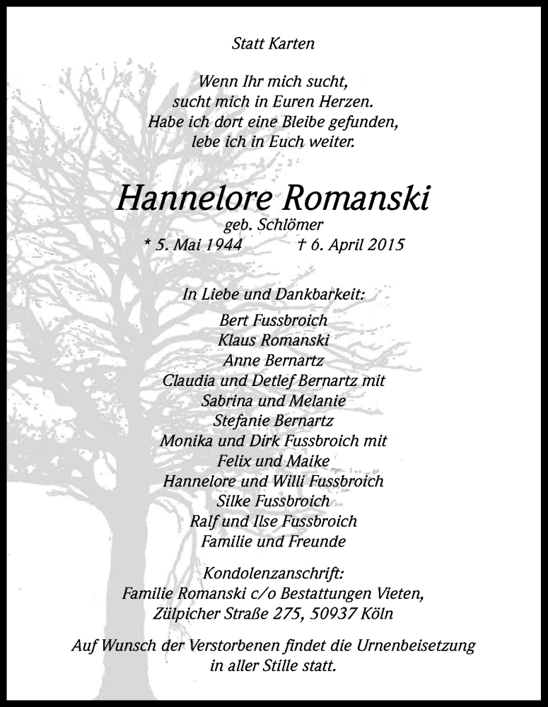  Traueranzeige für Hannelore Romanski vom 11.04.2015 aus Kölner Stadt-Anzeiger / Kölnische Rundschau / Express
