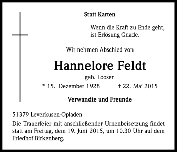 Anzeige von Hannelore Feldt von Kölner Stadt-Anzeiger / Kölnische Rundschau / Express