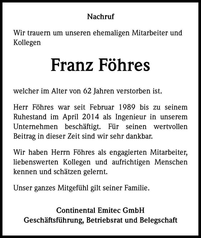  Traueranzeige für Franz Föhres vom 14.01.2015 aus Kölner Stadt-Anzeiger / Kölnische Rundschau / Express