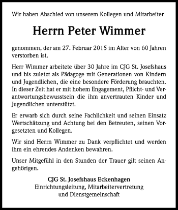 Anzeige von Peter Wimmer von Kölner Stadt-Anzeiger / Kölnische Rundschau / Express
