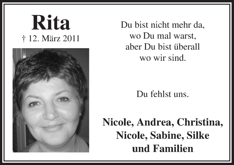  Traueranzeige für Rita  vom 11.03.2015 aus  Lokalanzeiger 