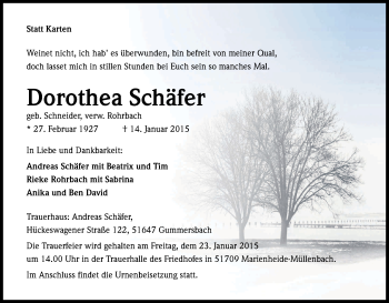 Anzeige von Dorothea Schäfer von Kölner Stadt-Anzeiger / Kölnische Rundschau / Express