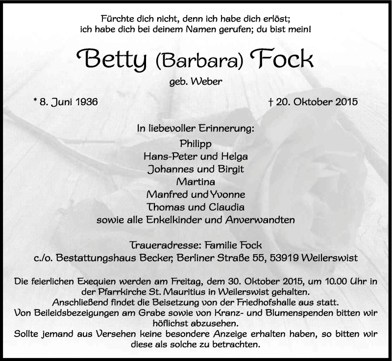  Traueranzeige für Betty Fock vom 24.10.2015 aus Kölner Stadt-Anzeiger / Kölnische Rundschau / Express