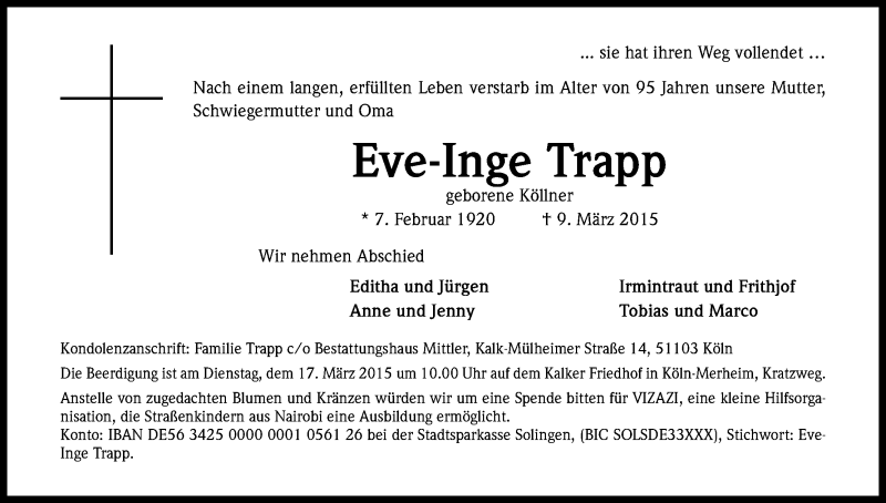  Traueranzeige für Eve-Inge Trapp vom 14.03.2015 aus Kölner Stadt-Anzeiger / Kölnische Rundschau / Express