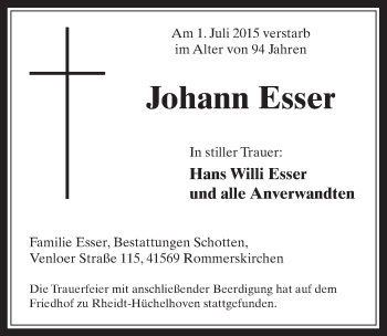 Anzeige von Johann Esser von  Sonntags-Post 