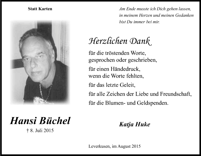  Traueranzeige für Hansi Büchel vom 15.08.2015 aus Kölner Stadt-Anzeiger / Kölnische Rundschau / Express