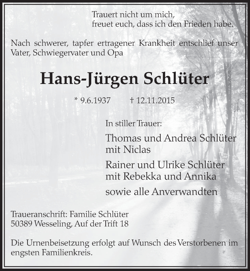  Traueranzeige für Hans-Jürgen Schlüter vom 18.11.2015 aus  Schlossbote/Werbekurier 