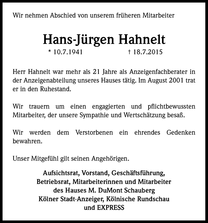  Traueranzeige für Hans Jürgen Hahnelt vom 22.07.2015 aus Kölner Stadt-Anzeiger / Kölnische Rundschau / Express