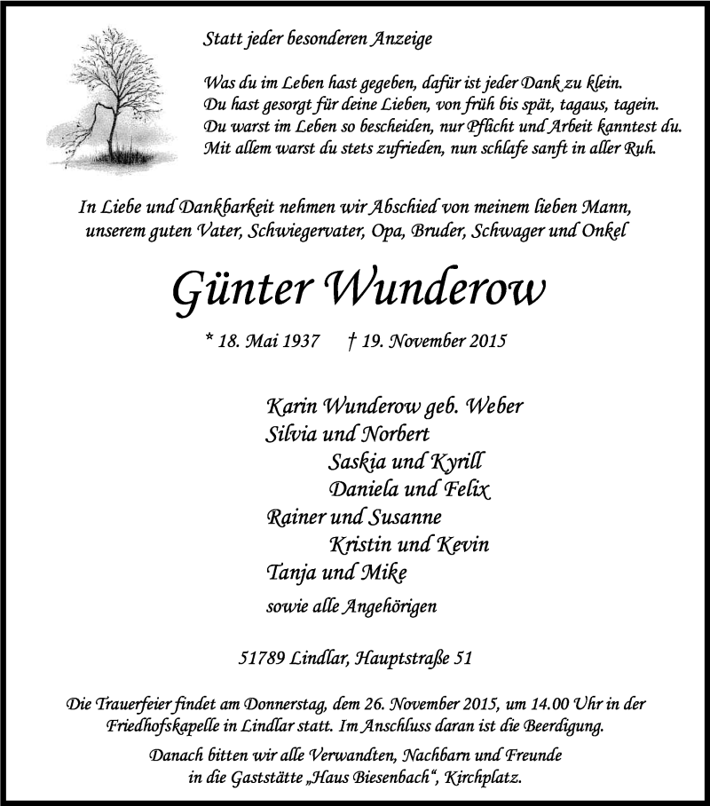  Traueranzeige für Günter Wunderow vom 23.11.2015 aus Kölner Stadt-Anzeiger / Kölnische Rundschau / Express