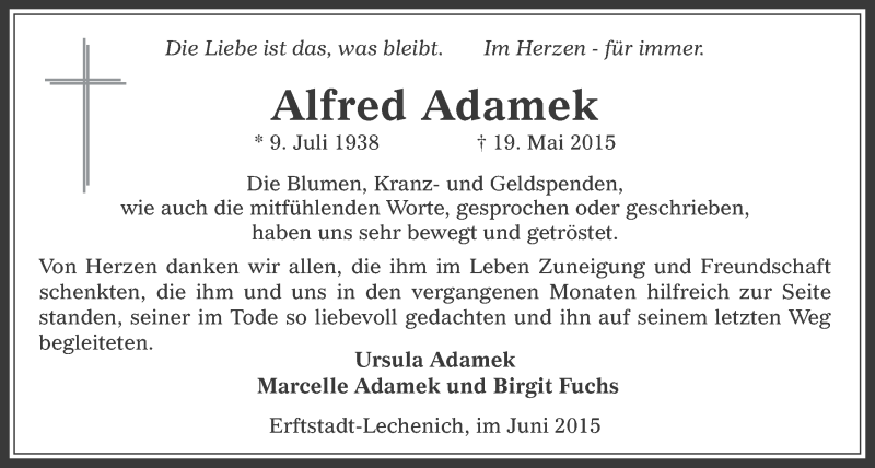  Traueranzeige für Alfred Adamek vom 17.06.2015 aus  Werbepost 