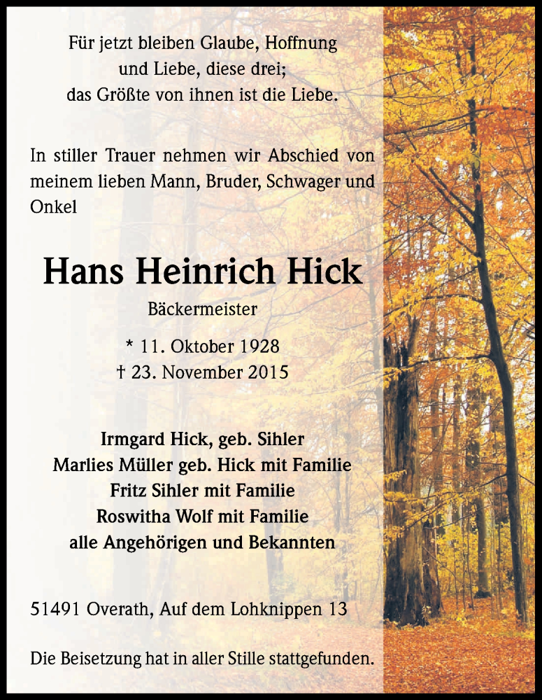  Traueranzeige für Hans Heinrich Hick vom 05.12.2015 aus Kölner Stadt-Anzeiger / Kölnische Rundschau / Express