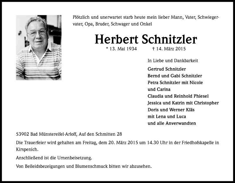  Traueranzeige für Herbert Schnitzler vom 18.03.2015 aus Kölner Stadt-Anzeiger / Kölnische Rundschau / Express