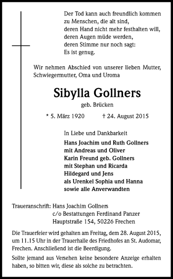 Anzeige von Sibylla Gollners von Kölner Stadt-Anzeiger / Kölnische Rundschau / Express