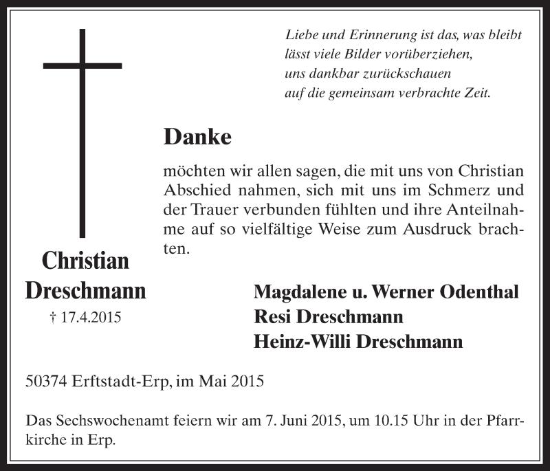  Traueranzeige für Christian Dreschmann vom 27.05.2015 aus  Werbepost 