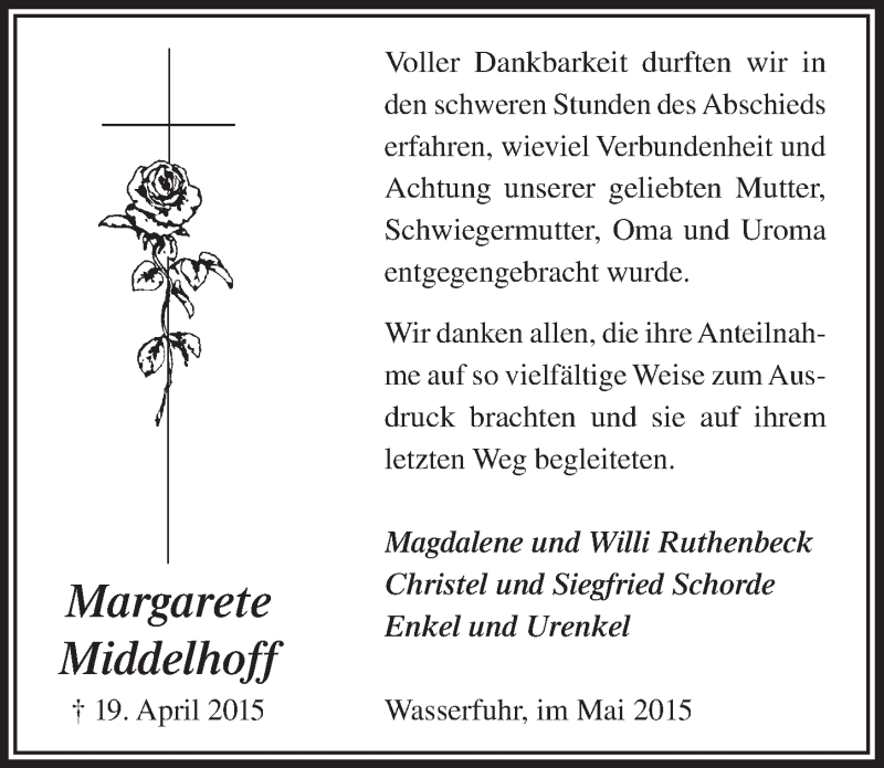  Traueranzeige für Margarete Middelhoff vom 27.05.2015 aus  Anzeigen Echo 