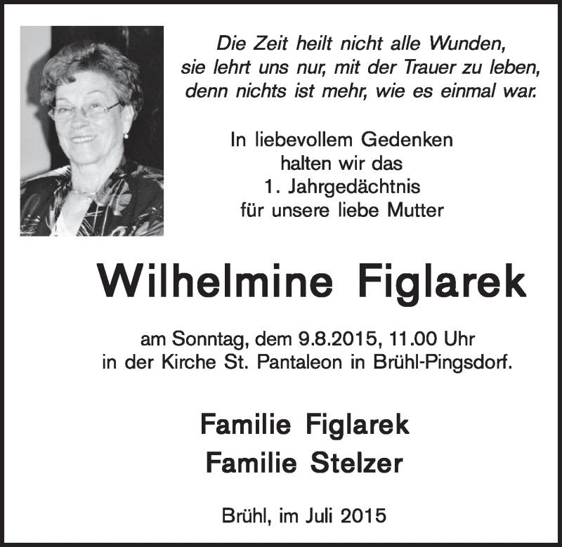  Traueranzeige für Wilhelmine Figlarek vom 29.07.2015 aus  Schlossbote/Werbekurier 