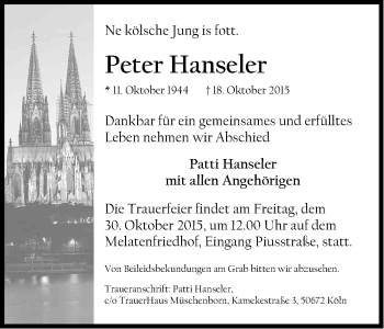 Anzeige von Peter Hanseler von Kölner Stadt-Anzeiger / Kölnische Rundschau / Express