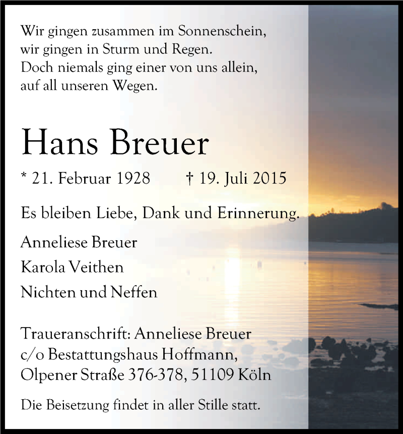  Traueranzeige für Hans Breuer vom 25.07.2015 aus Kölner Stadt-Anzeiger / Kölnische Rundschau / Express