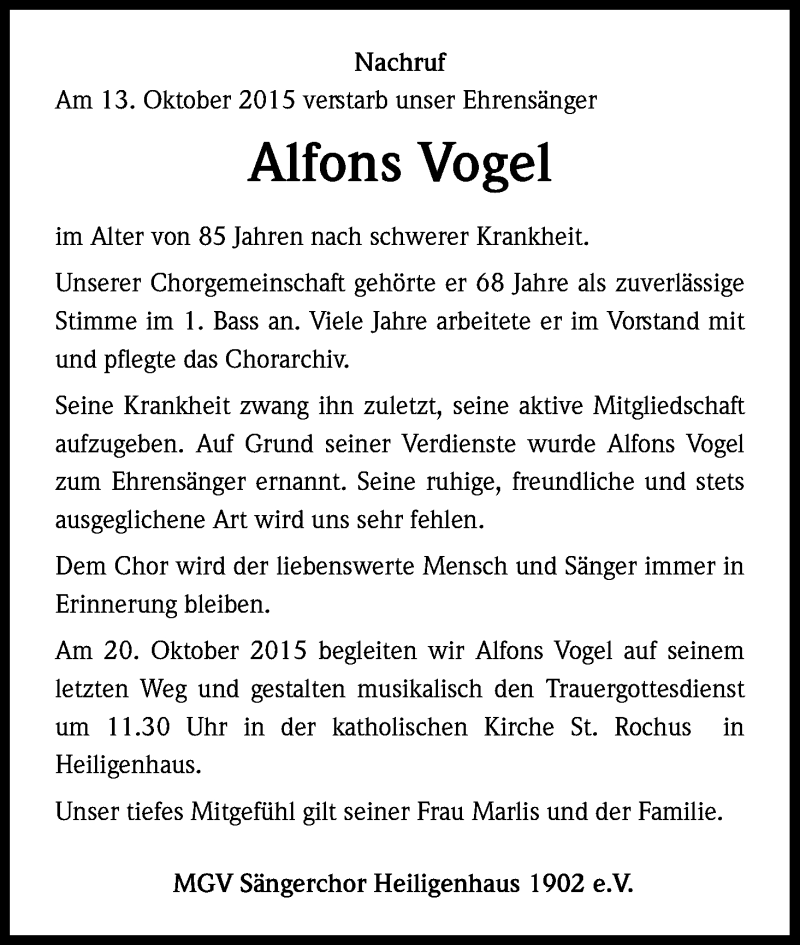  Traueranzeige für Alfons Vogel vom 17.10.2015 aus Kölner Stadt-Anzeiger / Kölnische Rundschau / Express