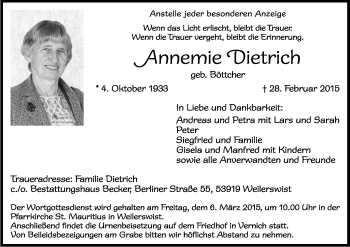 Anzeige von Annemie Dietrich von Kölner Stadt-Anzeiger / Kölnische Rundschau / Express