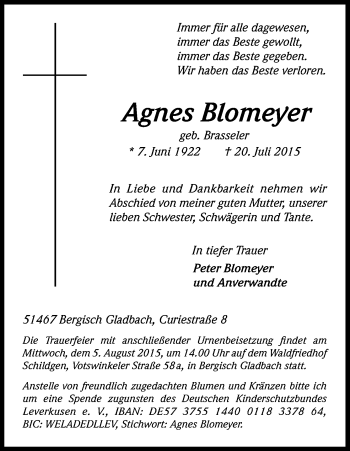Anzeige von Agnes Blomeyer von Kölner Stadt-Anzeiger / Kölnische Rundschau / Express