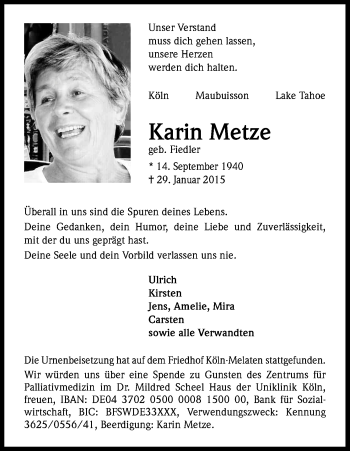 Anzeige von Karin Metze von Kölner Stadt-Anzeiger / Kölnische Rundschau / Express
