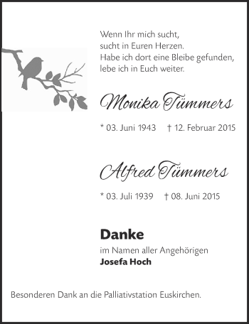 Anzeige von Monika und Alfred Tümmers von  Blickpunkt Euskirchen 