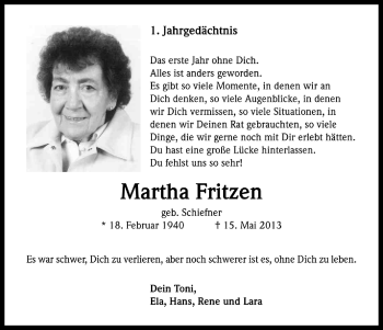 Anzeige von Martha Fritzen von Köln - Wir Trauern