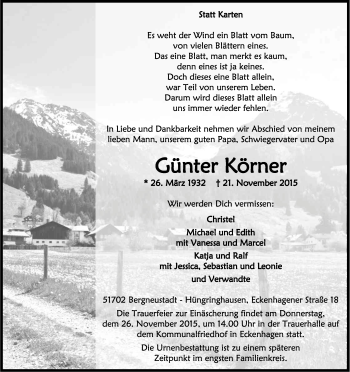 Anzeige von Günter Körner von Kölner Stadt-Anzeiger / Kölnische Rundschau / Express