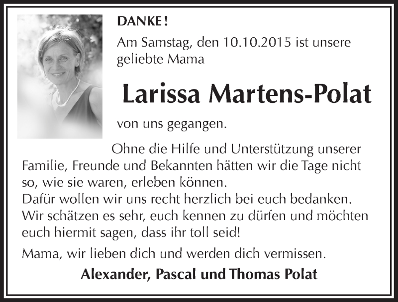  Traueranzeige für Larissa Martens-Polat vom 09.12.2015 aus  Anzeigen Echo 