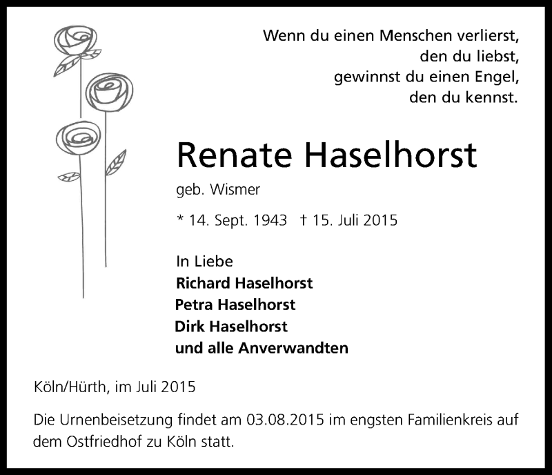  Traueranzeige für Renate Haselhorst vom 01.08.2015 aus Kölner Stadt-Anzeiger / Kölnische Rundschau / Express