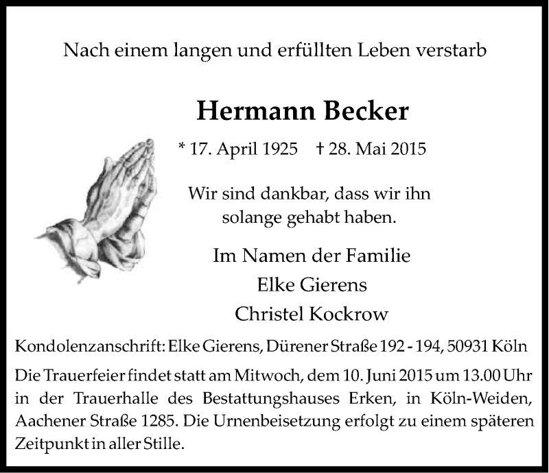  Traueranzeige für Hermann Becker vom 06.06.2015 aus Kölner Stadt-Anzeiger / Kölnische Rundschau / Express