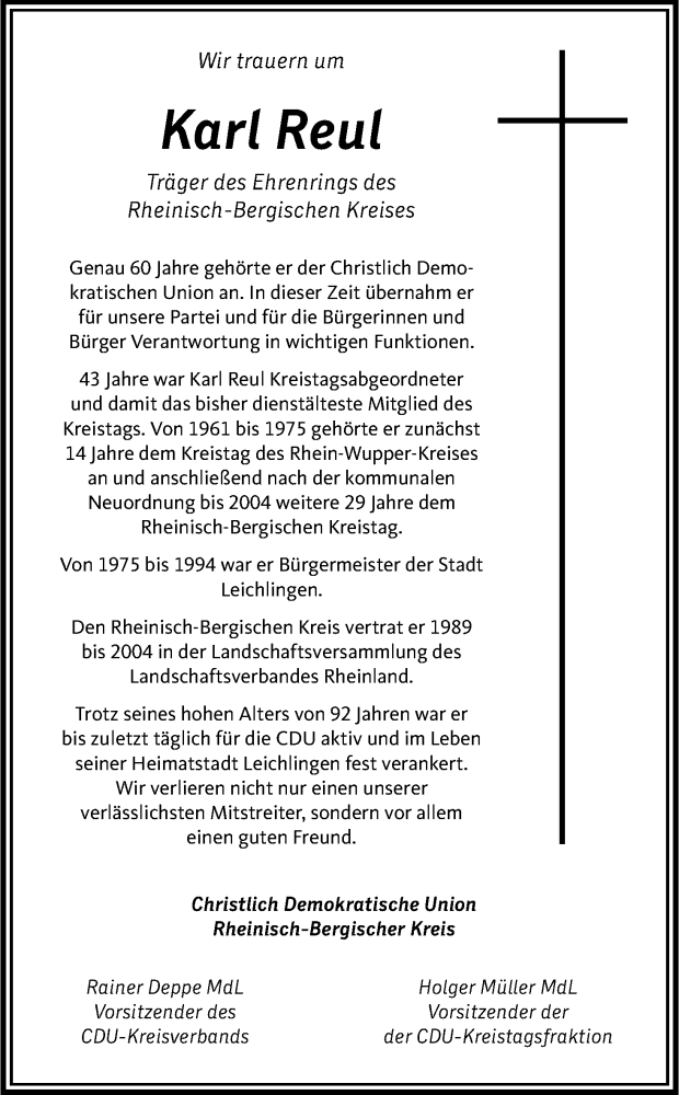  Traueranzeige für Karl Reul vom 10.10.2015 aus Kölner Stadt-Anzeiger / Kölnische Rundschau / Express