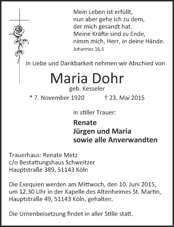 Anzeige von Maria Dohr von  Kölner Wochenspiegel 
