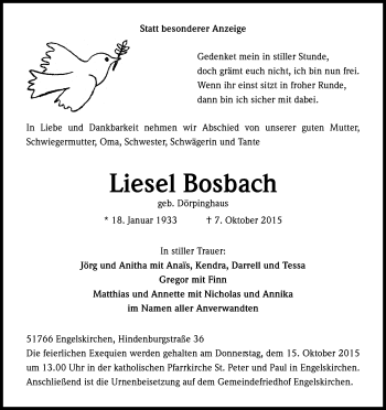 Anzeige von Liesel Bosbach von Kölner Stadt-Anzeiger / Kölnische Rundschau / Express