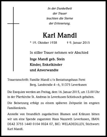 Anzeige von Karl Mandl von Kölner Stadt-Anzeiger / Kölnische Rundschau / Express