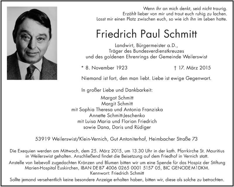  Traueranzeige für Friedrich Paul Schmitt vom 22.03.2015 aus  Blickpunkt Euskirchen 