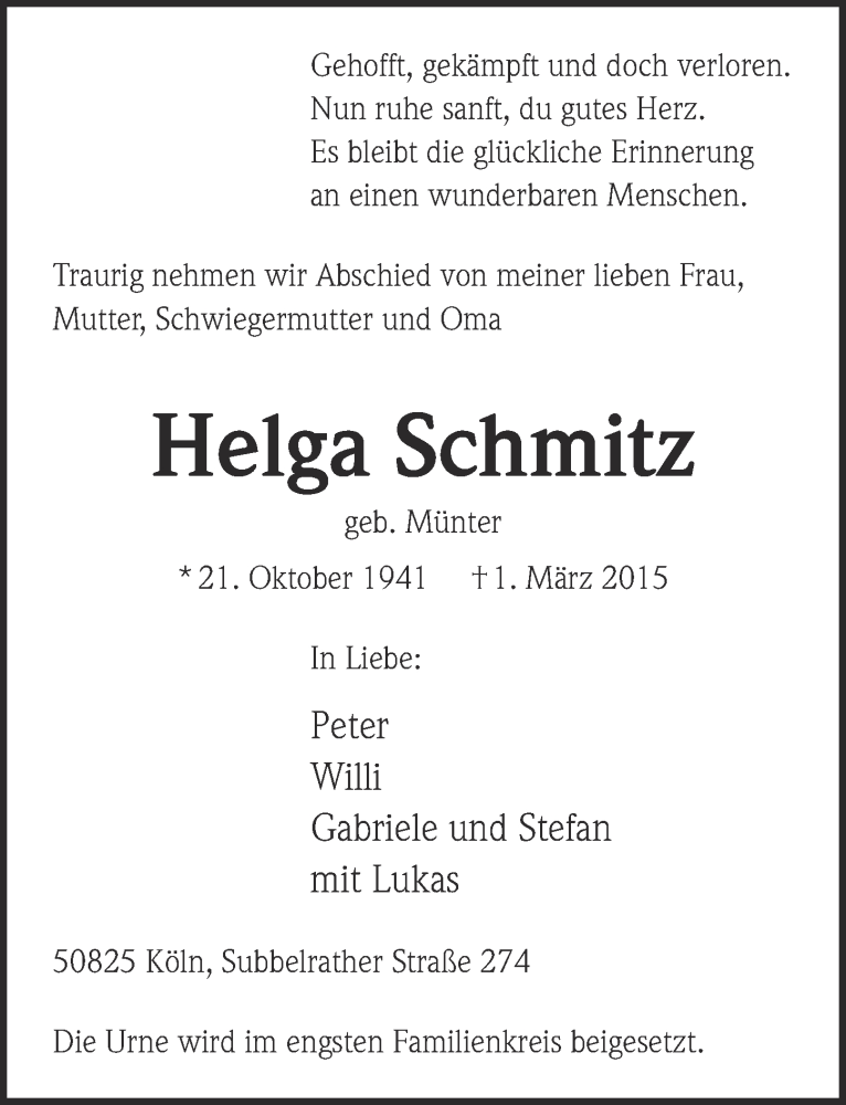  Traueranzeige für Helga Schmitz vom 11.03.2015 aus  Kölner Wochenspiegel 