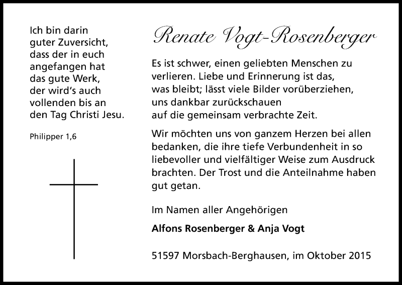 Traueranzeige für Renate Vogt-Rosenberger vom 06.10.2015 aus Kölner Stadt-Anzeiger / Kölnische Rundschau / Express
