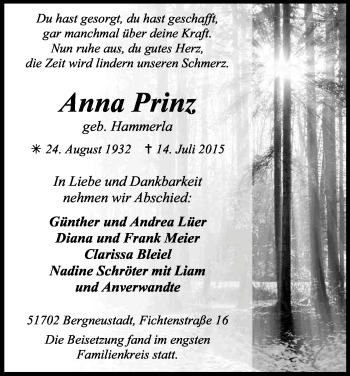 Anzeige von Anna Prinz von Kölner Stadt-Anzeiger / Kölnische Rundschau / Express
