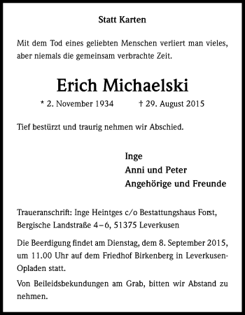 Anzeige von Erich Michaelski von Kölner Stadt-Anzeiger / Kölnische Rundschau / Express