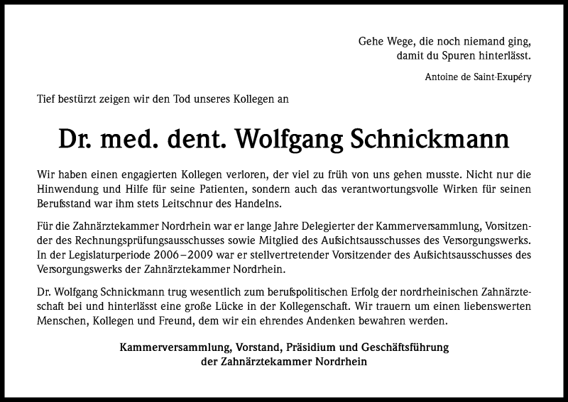  Traueranzeige für Wolfgang Schnickmann vom 26.09.2015 aus Kölner Stadt-Anzeiger / Kölnische Rundschau / Express
