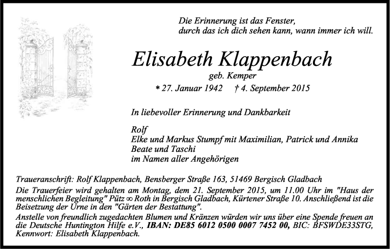  Traueranzeige für Elisabeth Klappenbach vom 15.09.2015 aus Kölner Stadt-Anzeiger / Kölnische Rundschau / Express