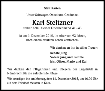 Anzeige von Karl Steltzner von Kölner Stadt-Anzeiger / Kölnische Rundschau / Express