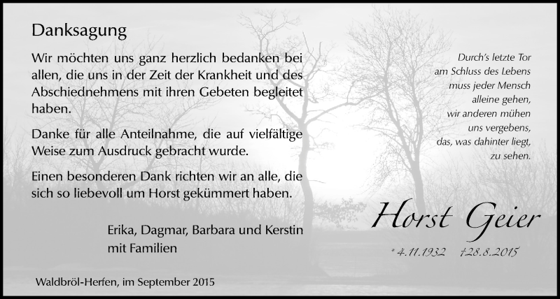  Traueranzeige für Horst Geier vom 30.09.2015 aus  Lokalanzeiger 