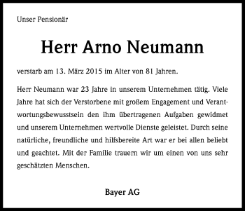Anzeige von Arno Neumann von Kölner Stadt-Anzeiger / Kölnische Rundschau / Express