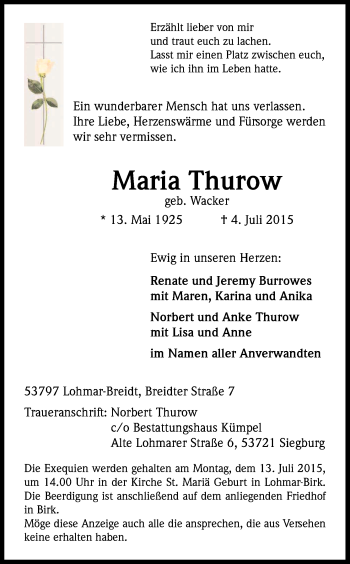 Anzeige von Maria Thurow von Kölner Stadt-Anzeiger / Kölnische Rundschau / Express