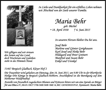 Anzeige von Maria Behr von Kölner Stadt-Anzeiger / Kölnische Rundschau / Express